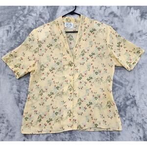 Vintage Fritz & Lloyd Floral Sheer Chiffon Pleat Neck Top Size 14 Yellow Pink
